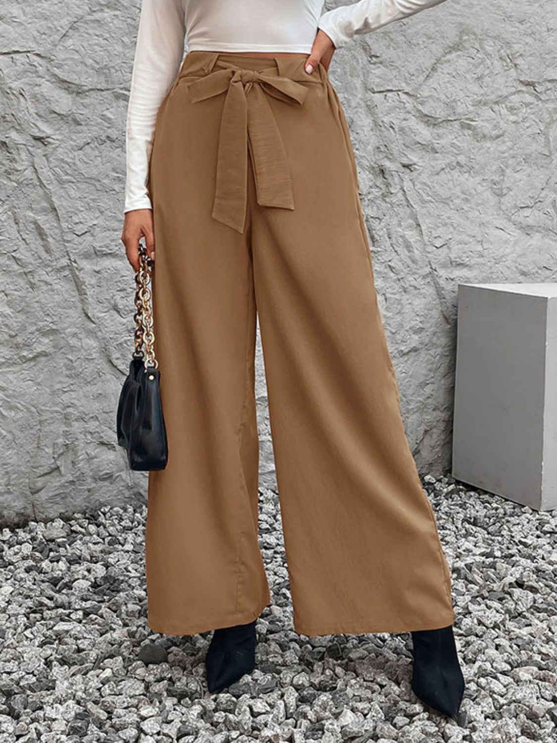 Penelope - Perfee Tied High Waist Wide Leg Pants med stilren passform