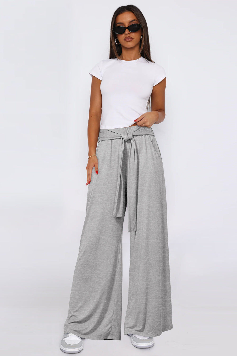 Viola - Tied Pocketed Wide Leg Pants med bekväm passform