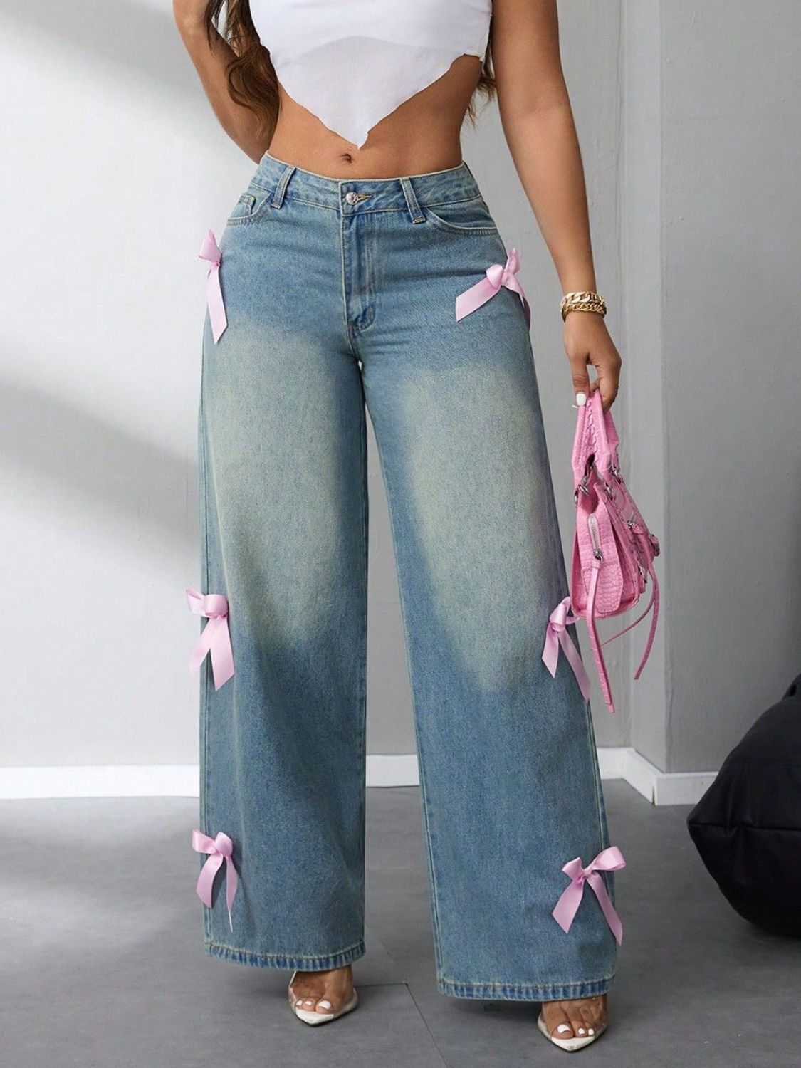 Lovisa - Bow high rise wide leg jeans med stilren design