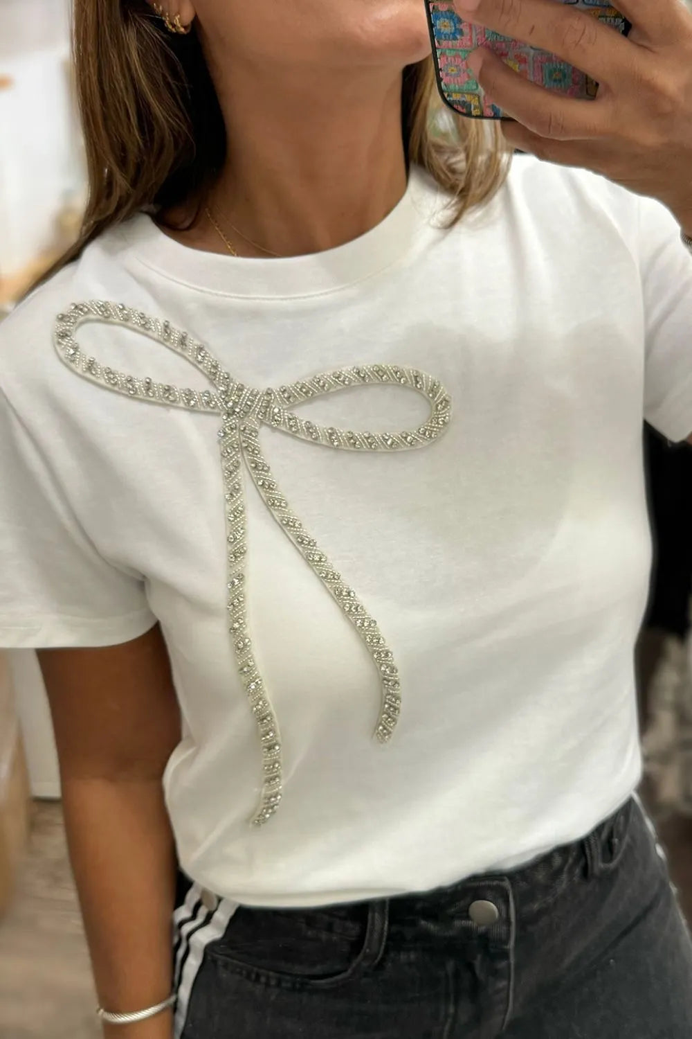 Alira - Rhinestone Bow Rundhalsad Kortärmad T-shirt