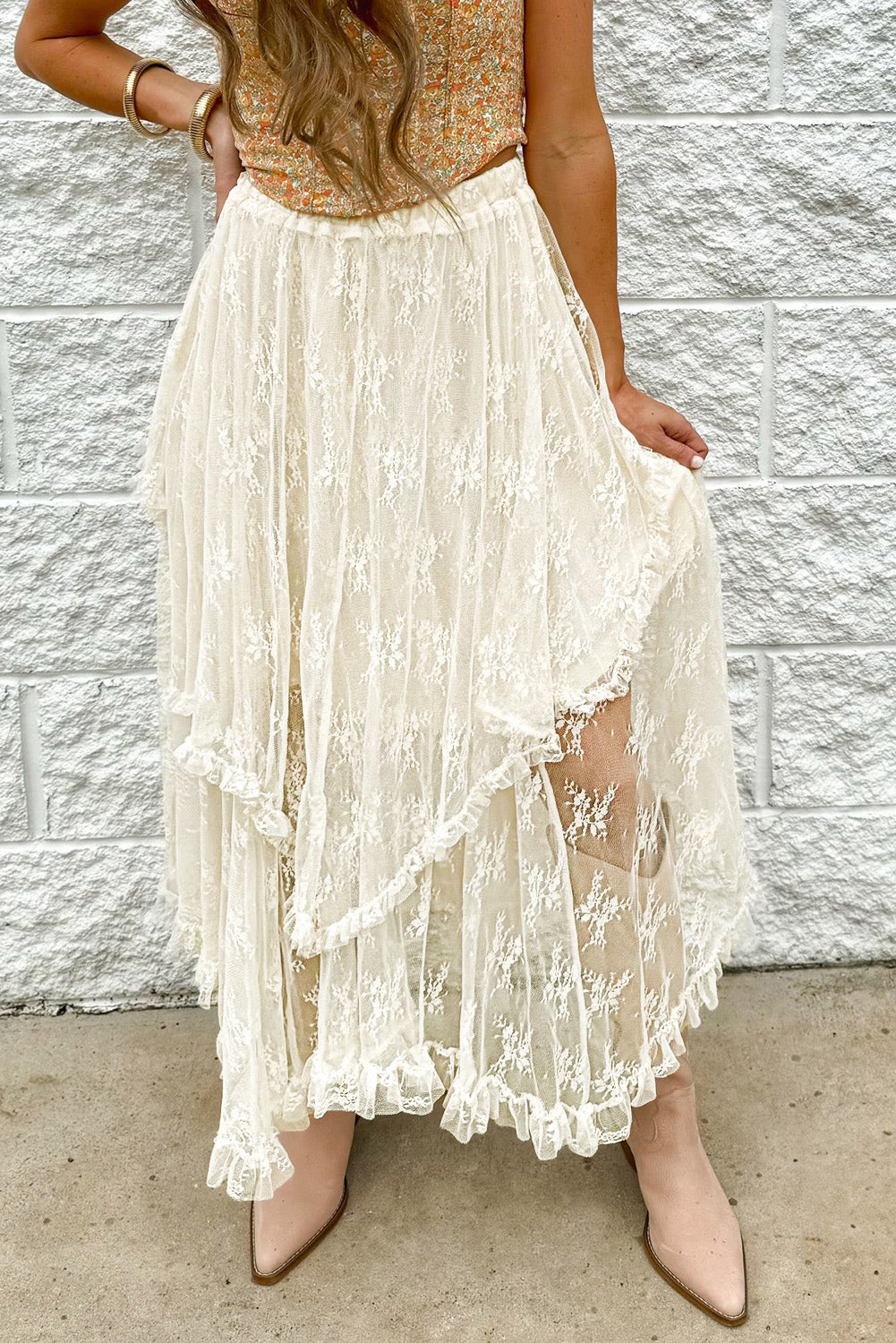 Lova - Vacker Lace Tiered Midi Skirt med volanger