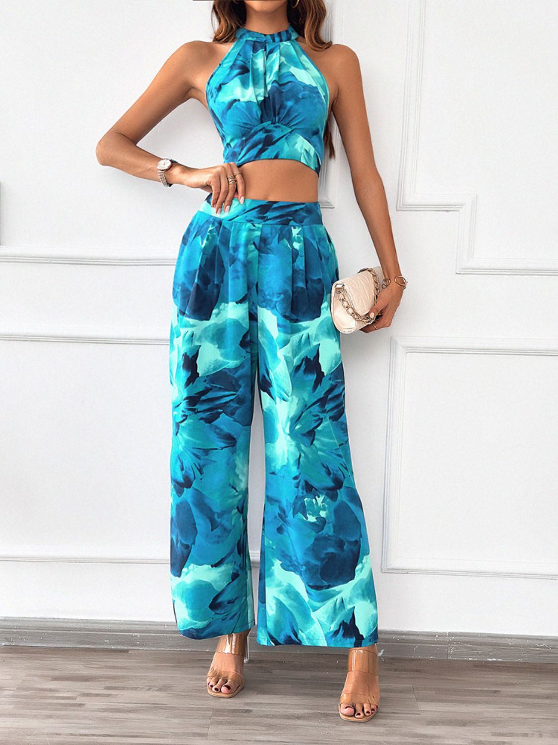 Maja - Devine Printed Halter Neck Top och Byxset med Stil