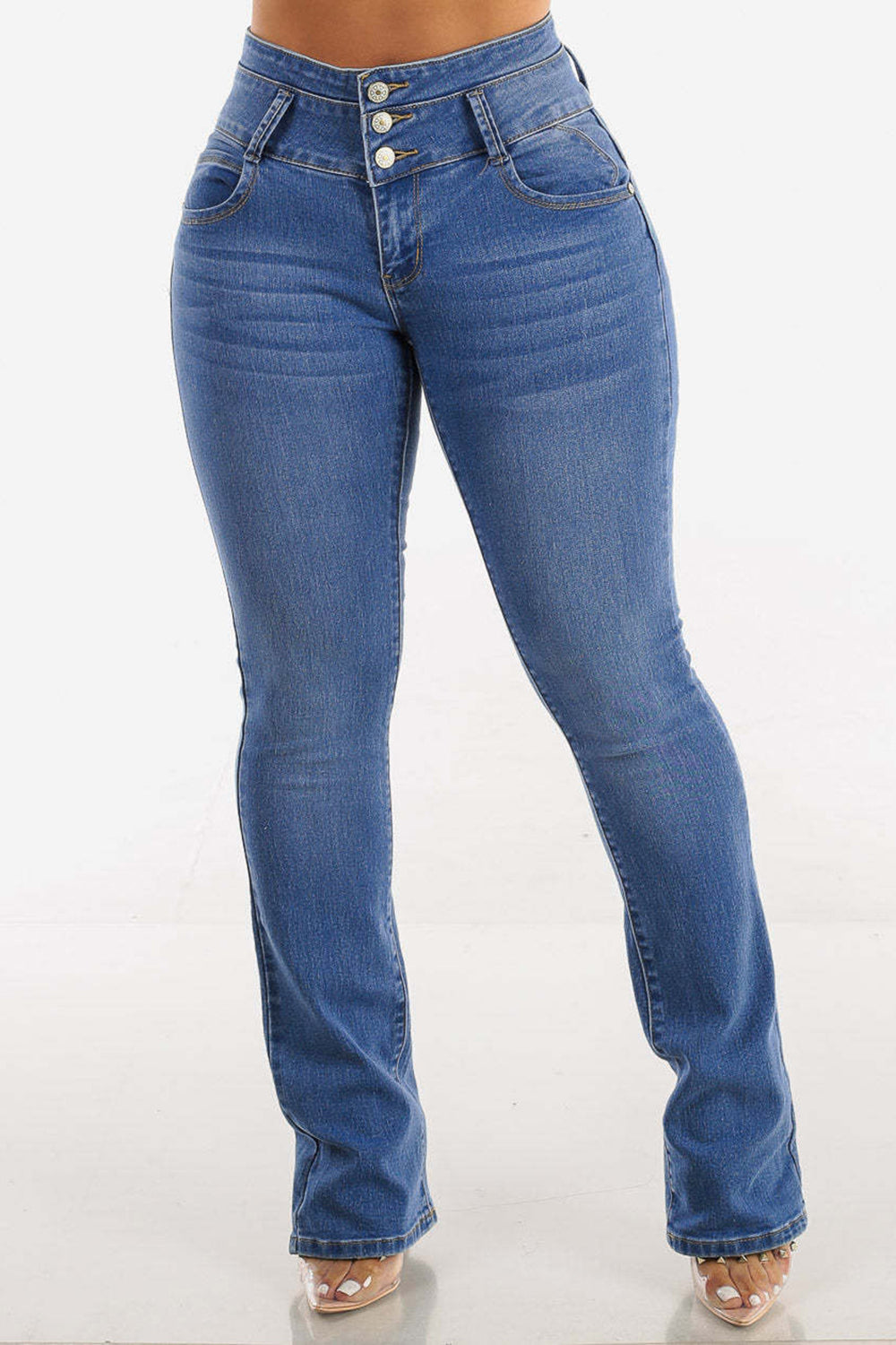 Klara - Bootcut High-Rise Buttoned Hip-Lift Jeans med fickor