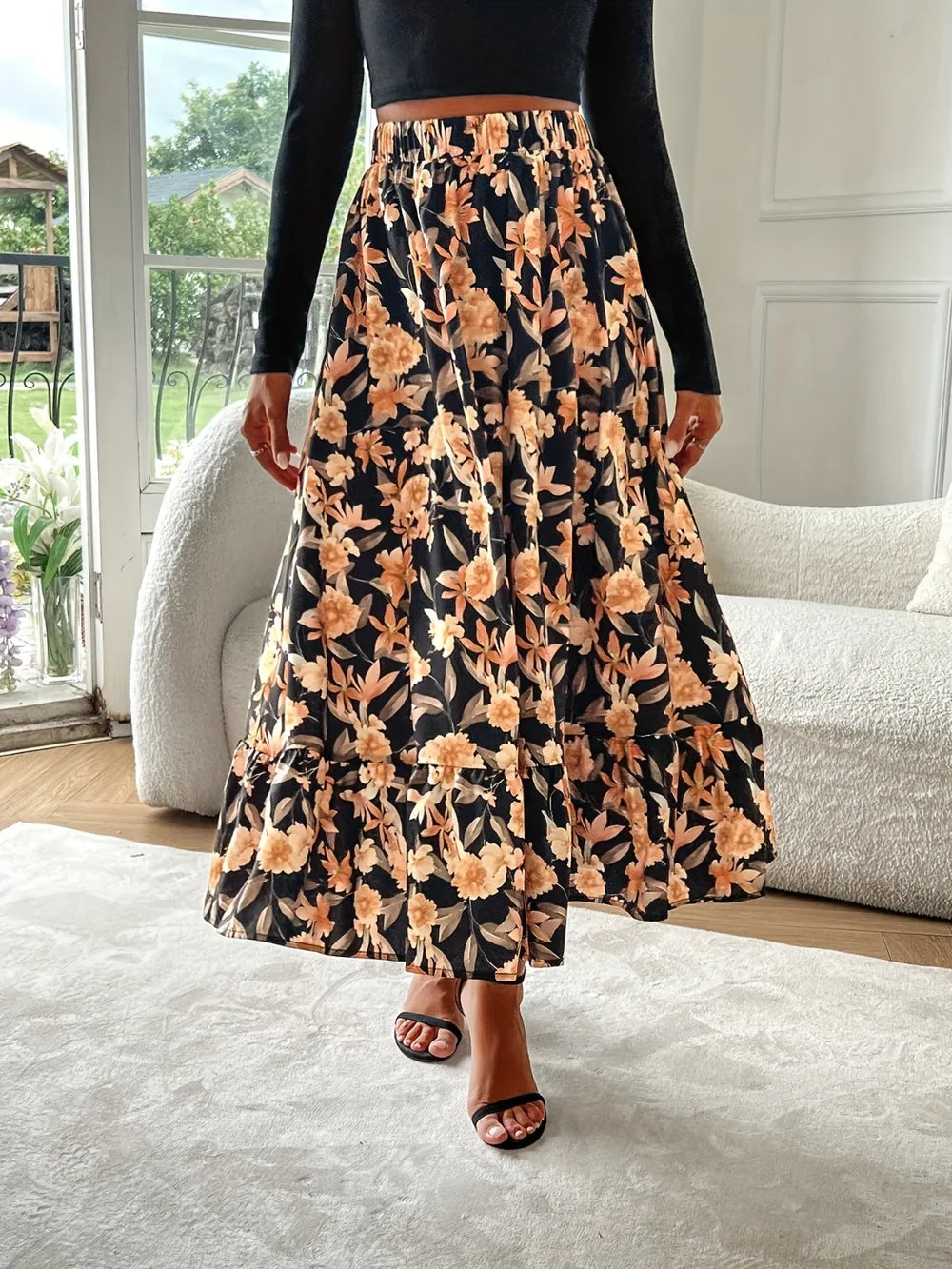 Wilma - Floral Elastic Waist Midi Skirt med vacker design