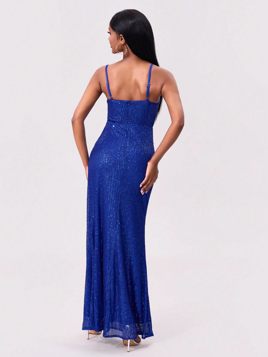 Annika - Slit Sequin Square Neck Spaghetti Strap Dress
