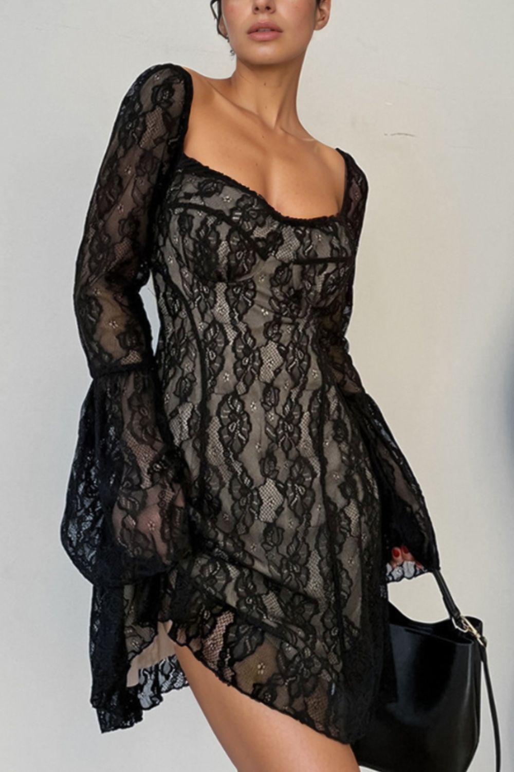 Helena - Lace Sweetheart Neck Flare Sleeve Mini Dress