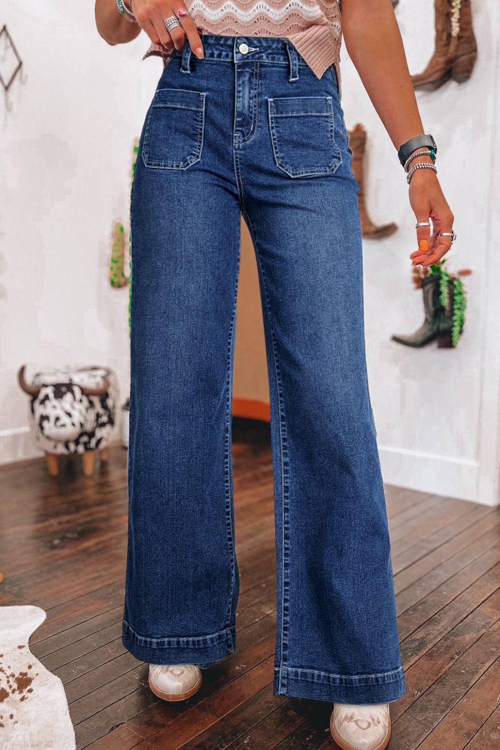 Freja - Front Pocket Patch High Waisted Wide Leg Jeans