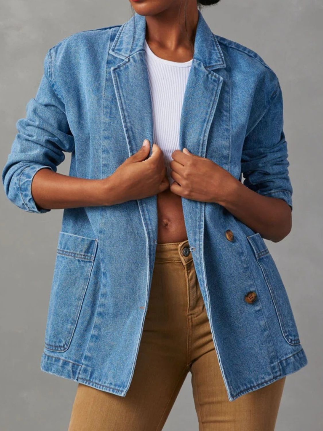 Sofia - Feminin pocketed lapel collar långärmad denimjacka