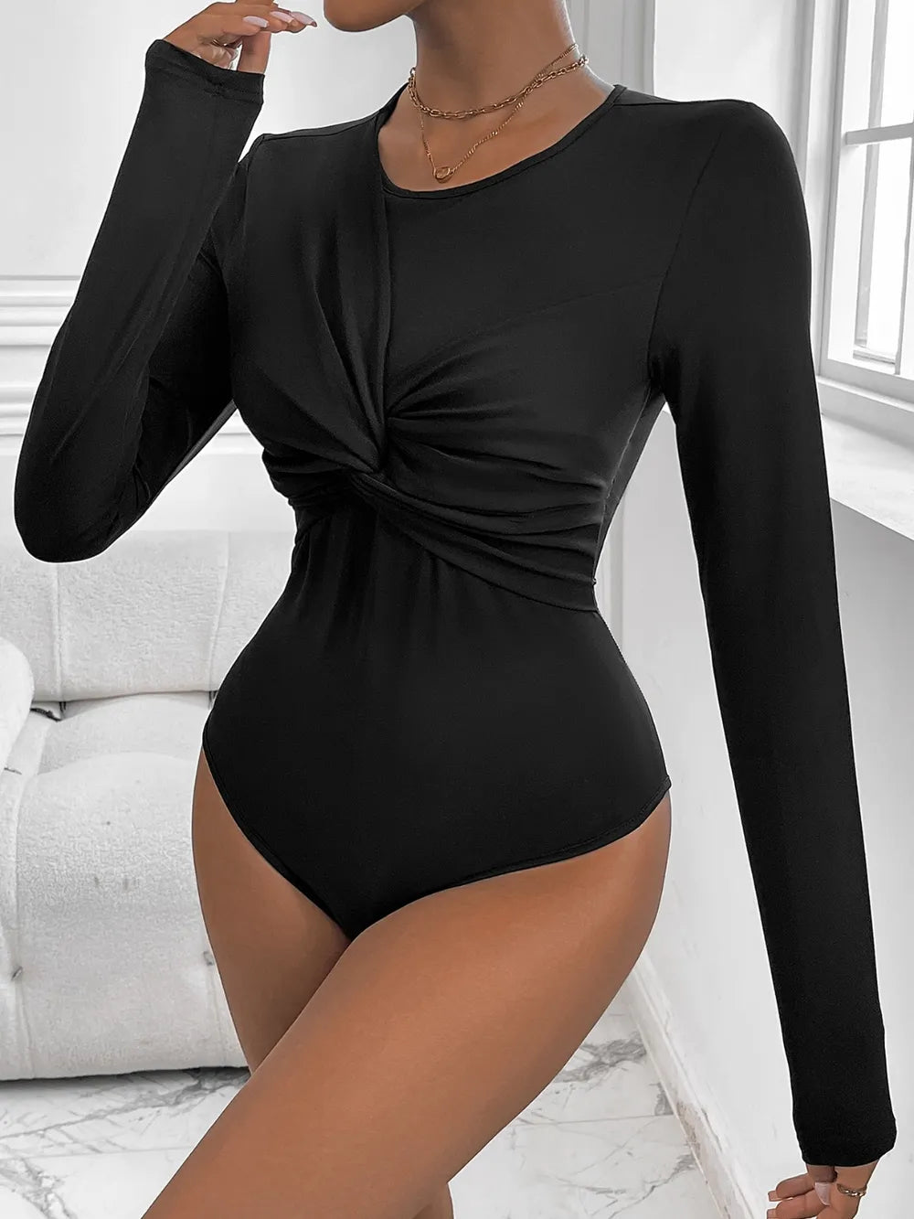 Queena - Perfee Twisted Round Neck Long Sleeve Bodysuit