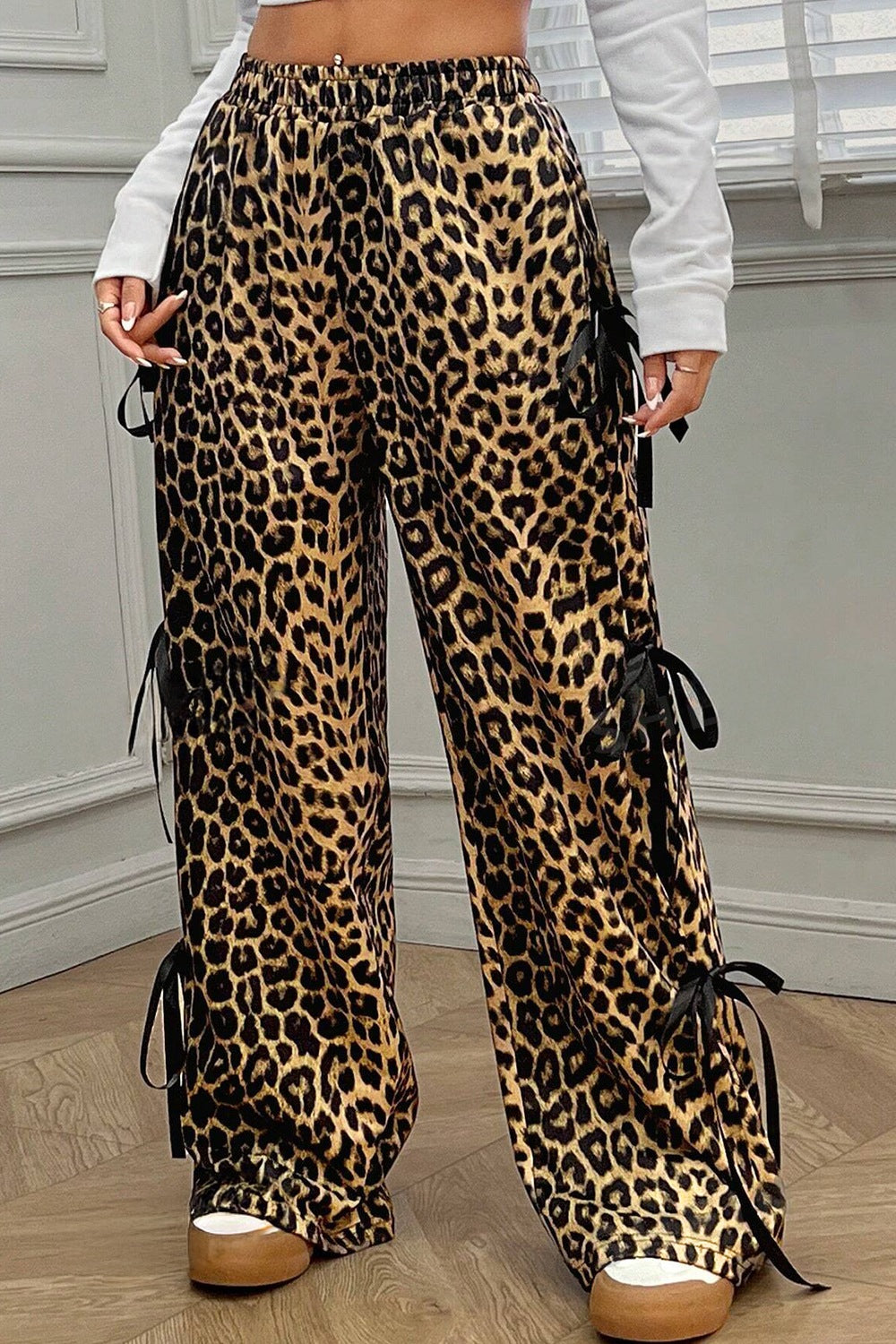 Aurelia - Leopard Bow Tie Elastic Waist Pants med stilren passform