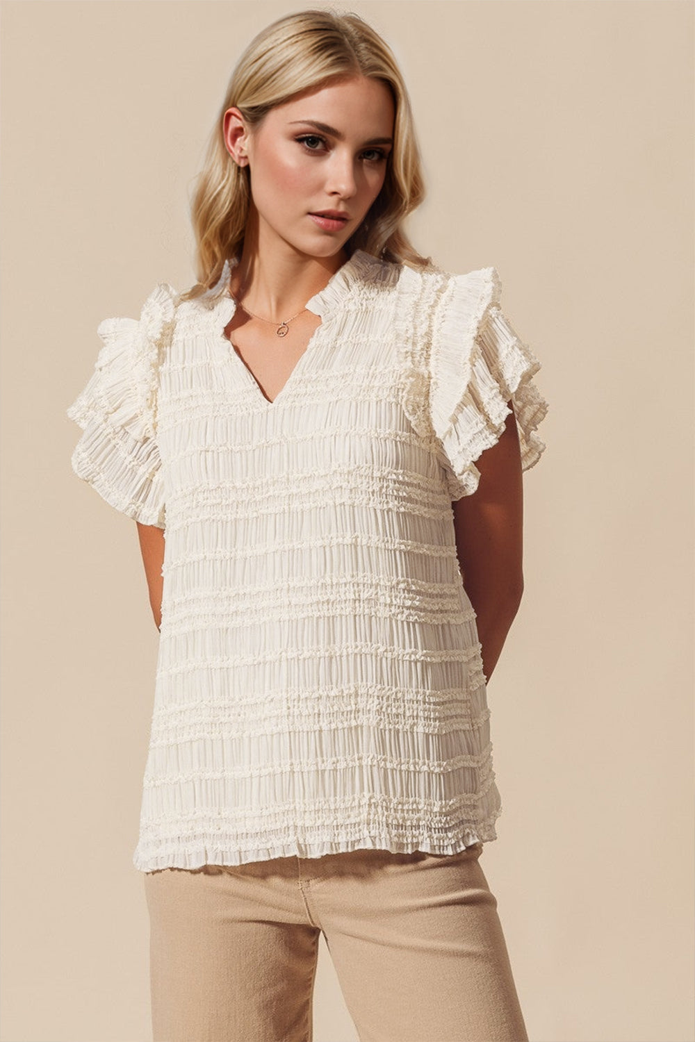 Azelia - Oh Full Size Frill Notched Flounce Sleeve Blouse