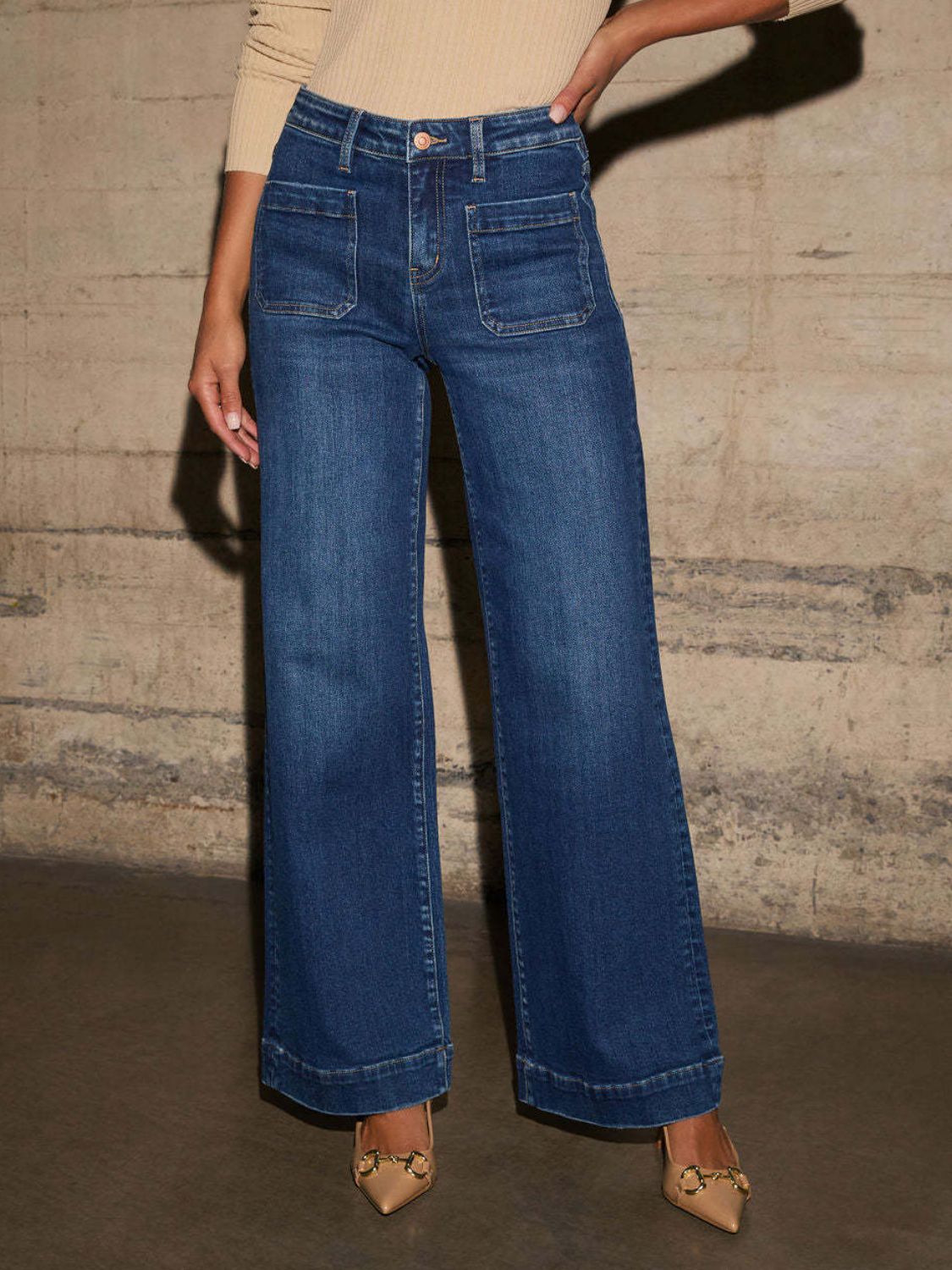 Elsa - High Rise Front Pocket Patch Wide Leg Jeans