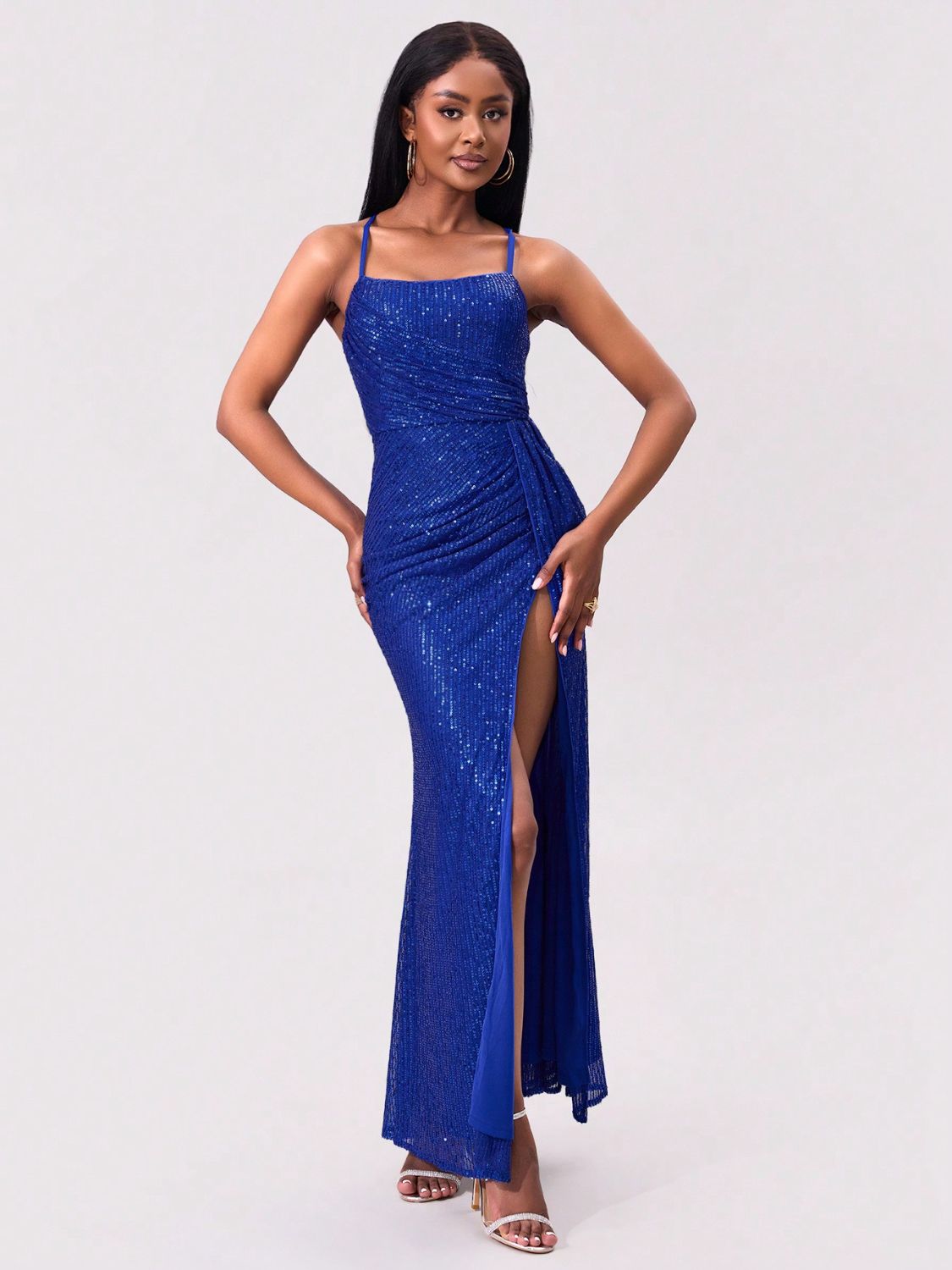 Annika - Slit Sequin Square Neck Spaghetti Strap Dress