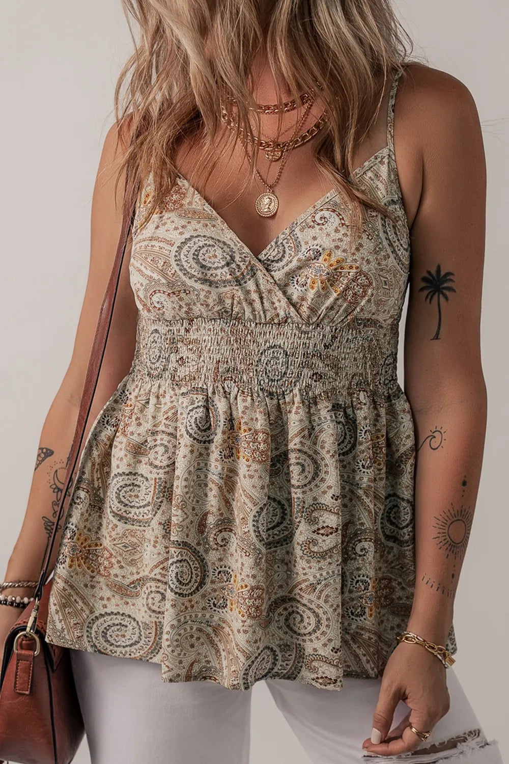 Evelina - Paisley Printed Smocked Babydoll Cami med sött fall